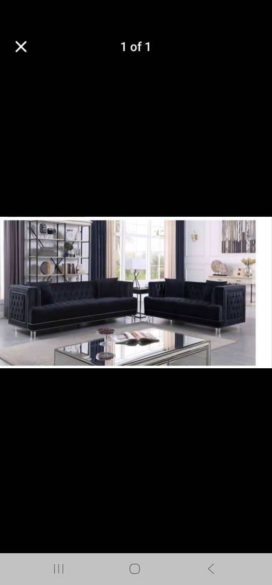Brand New 2pc Black Velvet Sofa Set