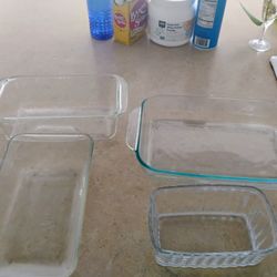 Pyrex Glass baking dishes: loaf pans, square cake dishes, pie dishes, 2 Qt/4qt Mixing Bowls $15 each