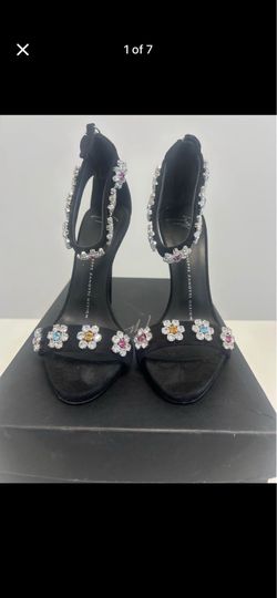 Giuseppe Zanotti Black Satin Crystal Flower Ankle-Strap Heels