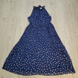 Maison Jules Navy and White Abstract Polka Dot Pleated Midi Dress Large Playful
