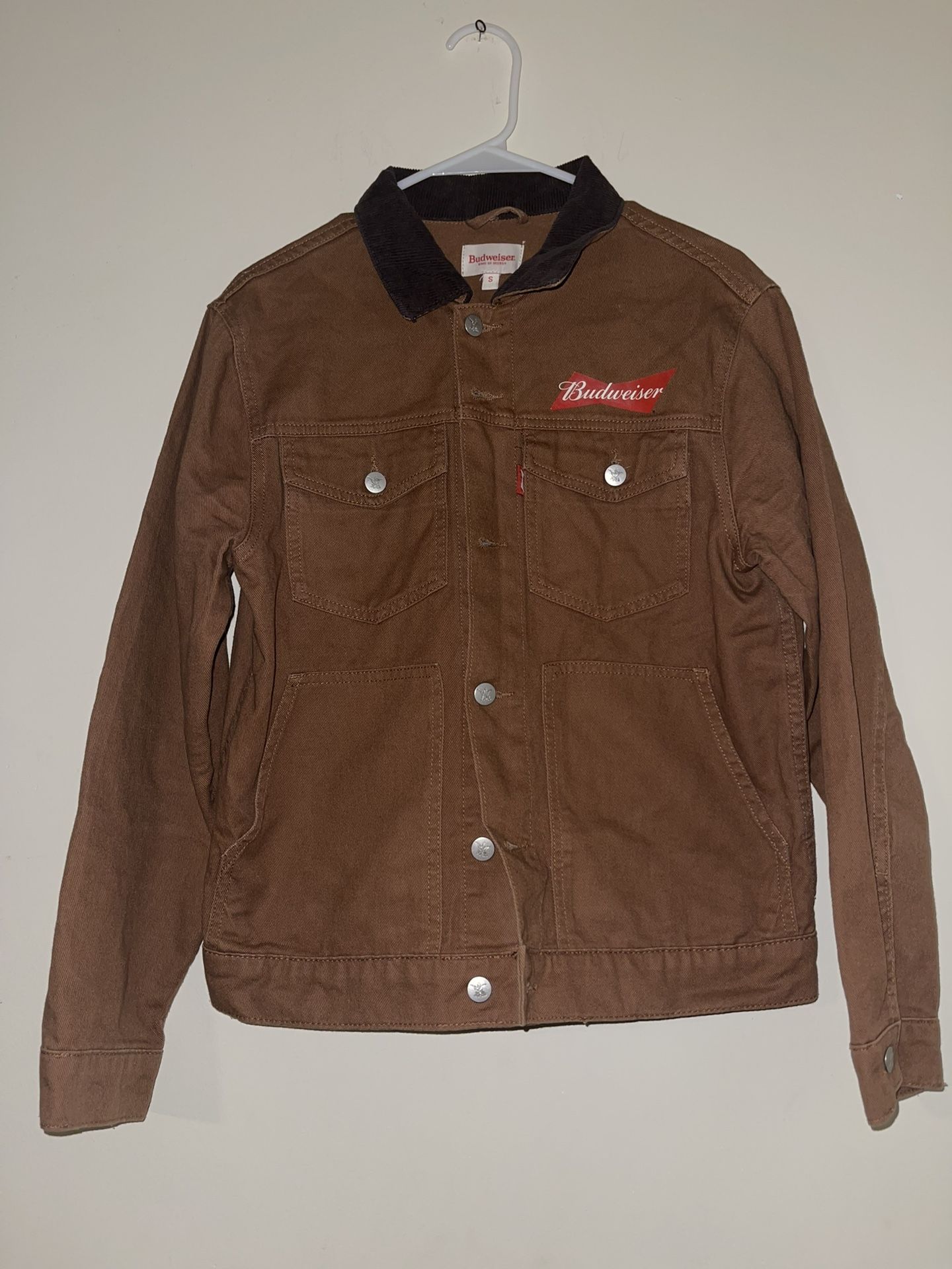 Budweiser Men's Brown Denim Trucker Jacket Corduroy Collar King Of Beers