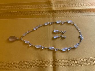 Clear Frosted Glass Crystal Link Necklace Drop Earrings Set Amber Teardrop 16"