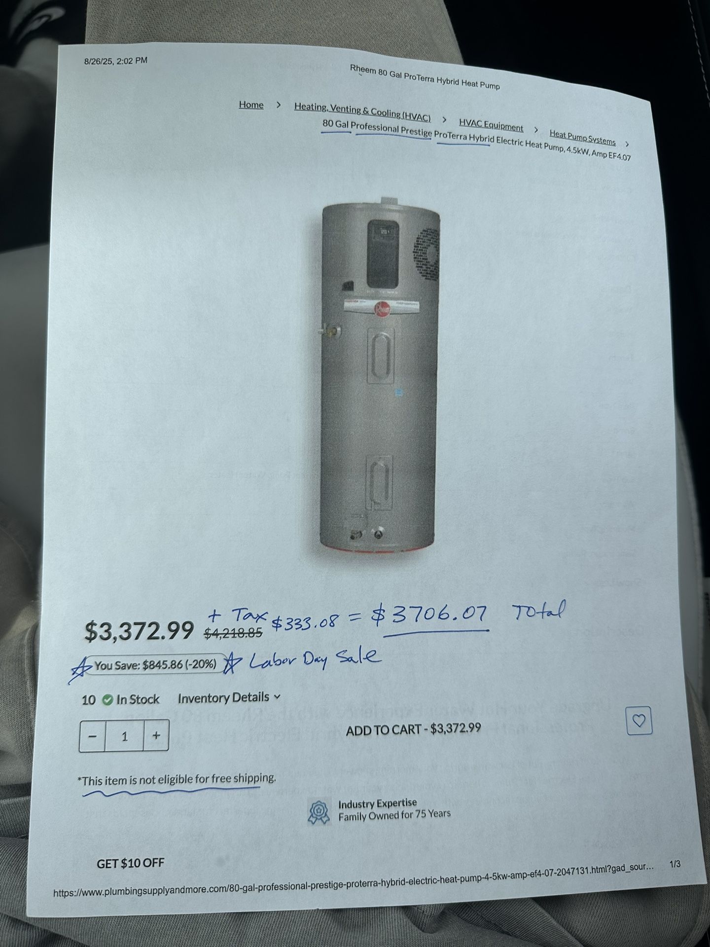 Rheem Heat Pump Water Heater(80 GAL) (BRAND NEW)