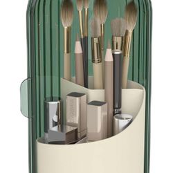 Makeup Brush Holder with Dustproof Cover 360 Rotating Makeup Brush Organizer for Vanity Bathroom, Green 