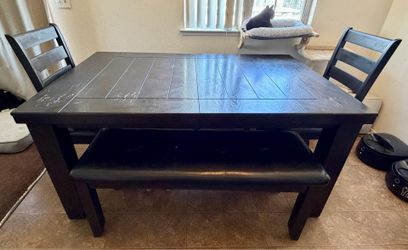 Dining table, chairs and benches