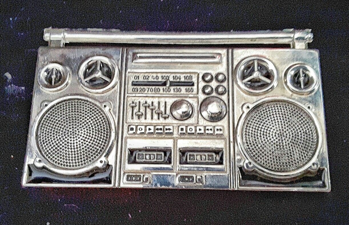 1980 s BOOM BOX chrome finished large belt buckle steam punk modern !