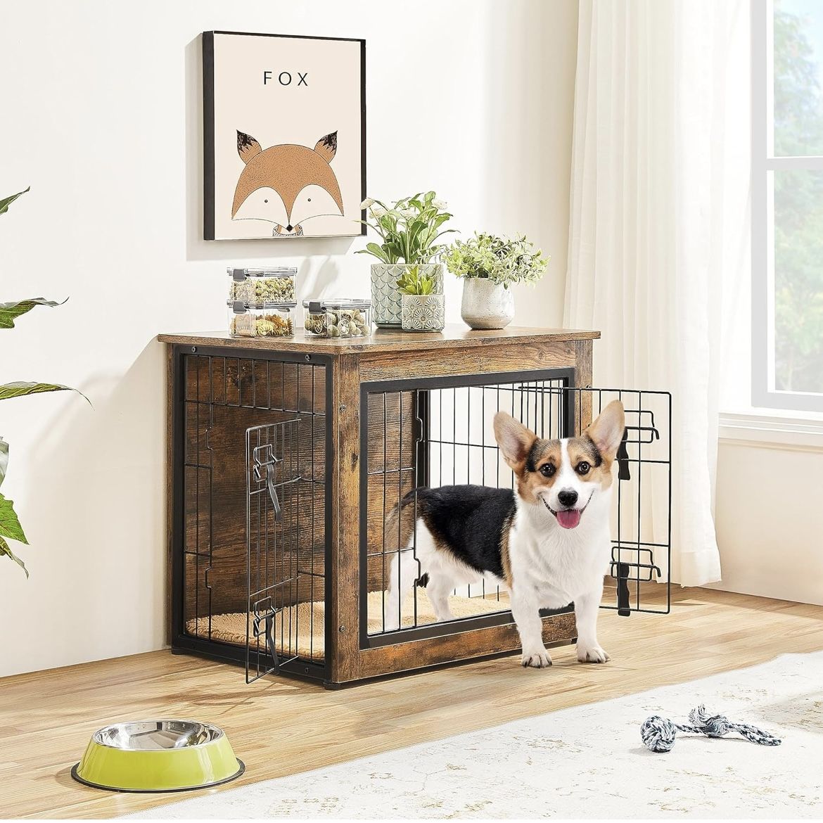27.5'' Dog Crate Furniture with Cushion Wooden Dog Crate with Double Doors/Adjustable Feet Side End Table for Small/Medium Dogs, 27.5" L x 20" W x 24"