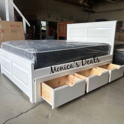 Queen Solid Wood Bed With 3 Drawers And Mattress $740