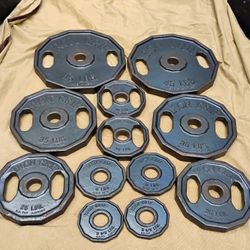 FULL  SET  OF  IRON  GRIP OLYMPIC  EASY  GRIP  PLATES   (PAIRS OF)  :  45s  35s  25s  10s  5s  2.5s 