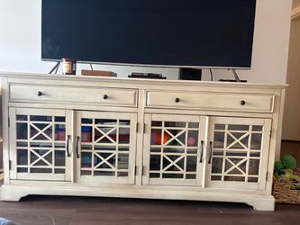 Cream TV Stand with Glass Door Cabinets