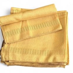 VTG Fall Harvest Gold Yellow Linen  Cloth Napkin Kitchen Towel Centerpiece Hankie Spring Easter Set of 11 Hemstich Detail | MCM Kitchen Linens Decor