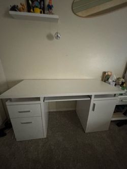 White Computer Desk with Drawers and Cabinet