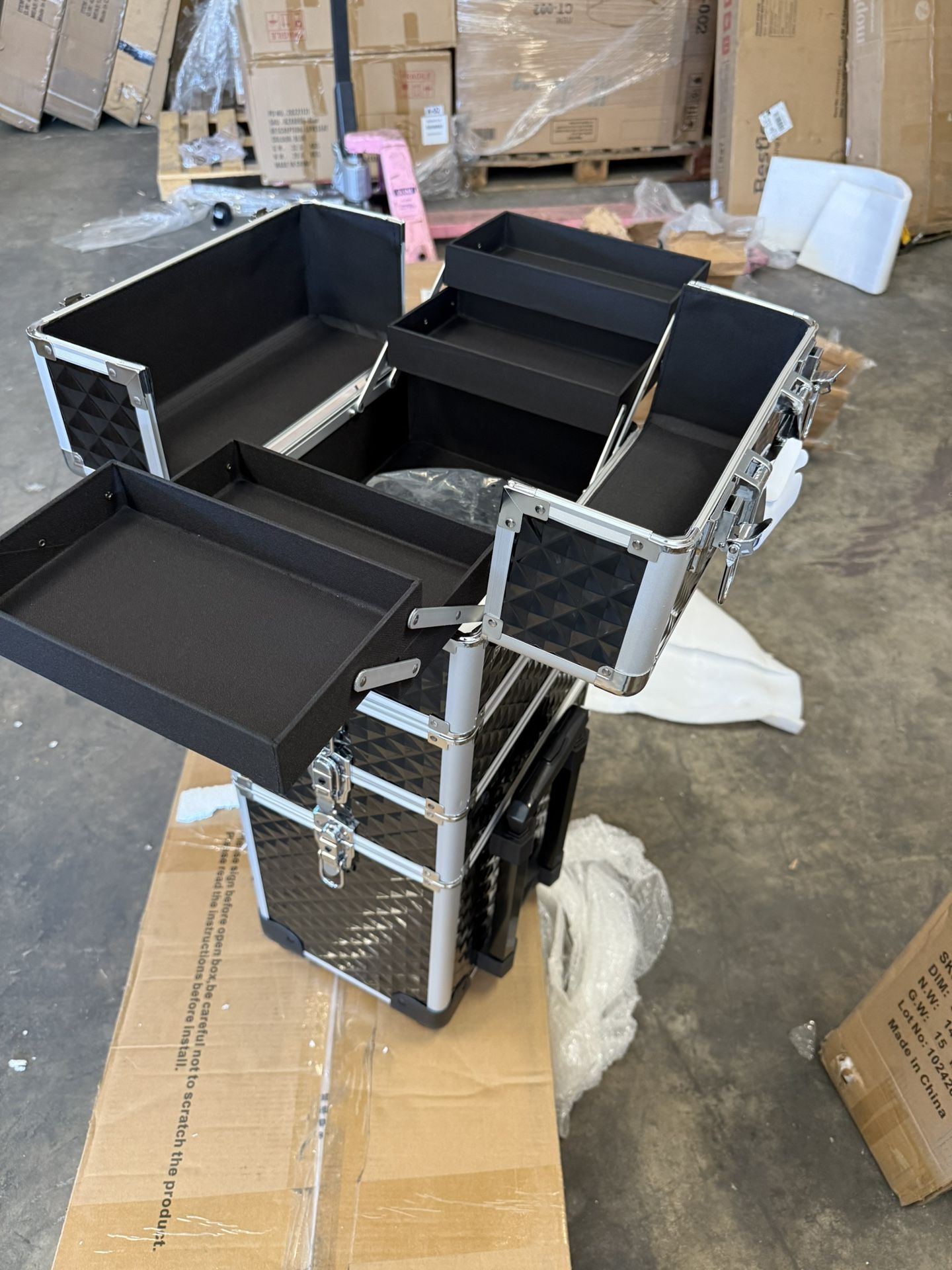 Rolling Makeup Train Case, 4-in-1 Cosmetology Case on Wheels, Nail Tech Cart for Travel, Professional Cosmetic Vanity Case, Suitcase for MUA/Manicure/