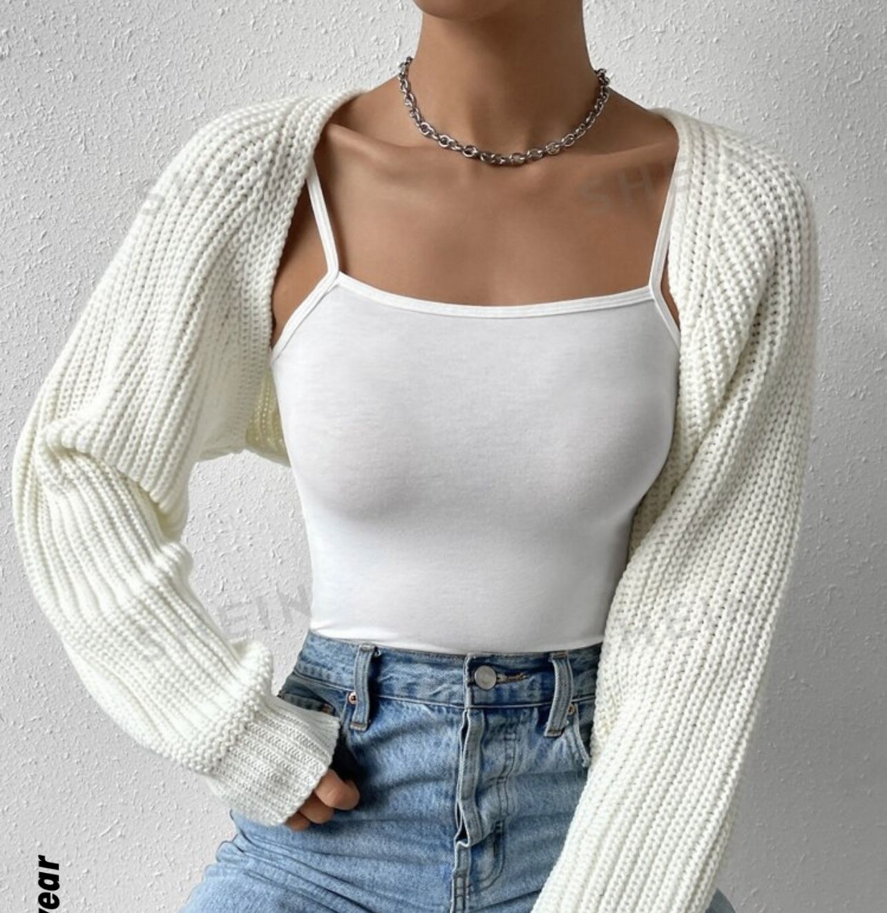 SHEIN EZwear Balletcore Ribbed Knit Raglan Sleeve Shrug Crop Cardigan Without Cami Top