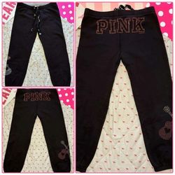 LIKE NEW VINTAGE VICTORIA'S SECRET PINK LOGO BLING GUITAR DRAWSTRING SWEATPANTS PANTS SIZE MEDIUM M