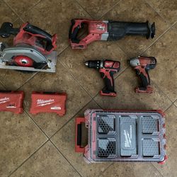 Milwaukee 7pc Set Sawzall, Circular Saw, Drill, Impact, Shockwave Sets & Pack out Box