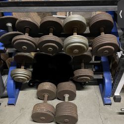 Dumbbells… Single Prostyle…. 1 X 120 lbs 1 X 90 lbs 1 X 80 lbs 1 X 70 lbs 1 X 65 lbs 1 X 60 lbs 1 X 50 lbs 1 X 40 lbs 1 X 15 lbs 590 lbs total Rack no