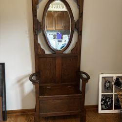 Antique Hall Tree With Mirror And Storage