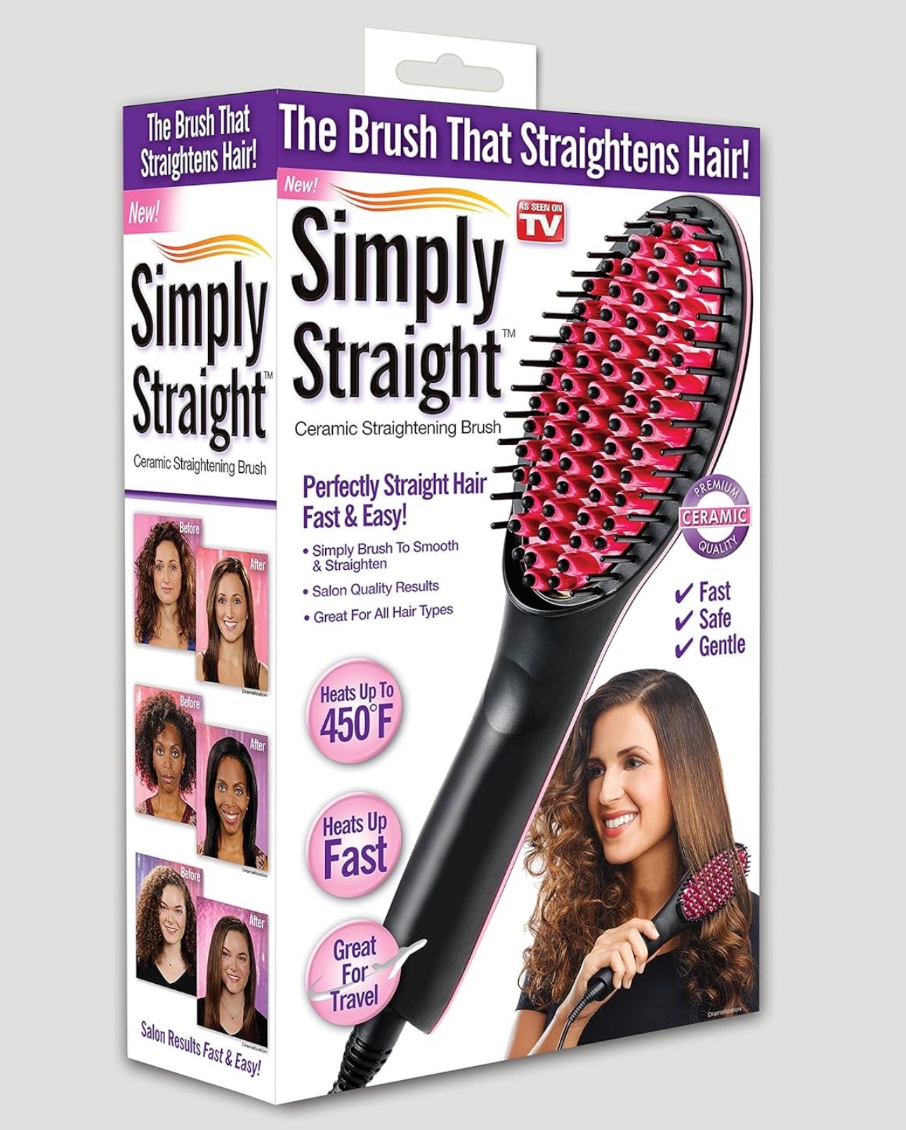 Simply Straight Ceramic Hair Straightening Brush, Black/Pink