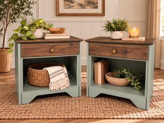 Peaceful pair of coastal inspired nightstands combining rustic warmth with sophisticated, modern styling.