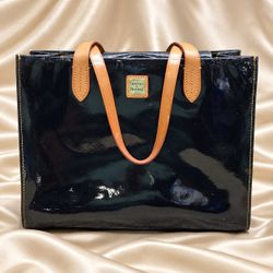 Dooney & Bourke Black Patent Leather Tote Bag with Tan Handles