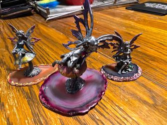 Vintage Pewter Fairy Figurines on Mushroom Bases - 3 Piece Set