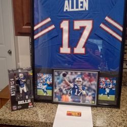 JOSH ALLEN OF THE BUFFALO BILLS, STITCHED, BRANDED, FRAMED JERSEY WITH SIGNED PICTURE COA, FIGURE