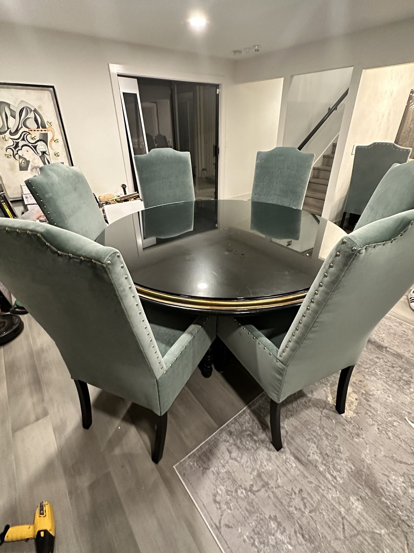 Custom 6ft Dining Table With 8 Custom Made Dining Armchairs With Glass Table Top