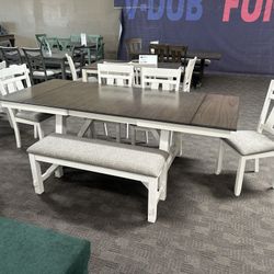 Farmhouse White Brown Dining Kitchen Table Set 