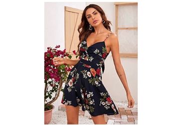 Dress Twist Cut Out Front Tie Back Floral Print Slip Dress Dresses (Color: Navy Blue,