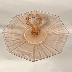 Vintage Pink Depression Glass Octaganol Floral Tidbit Tray. 