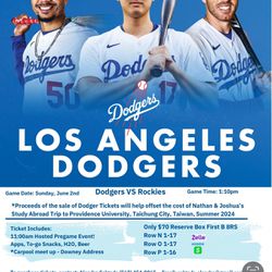 Dodgers v Rockies Sunday 6/2 1:10pm 8RS seats Study Abroad Fundraiser