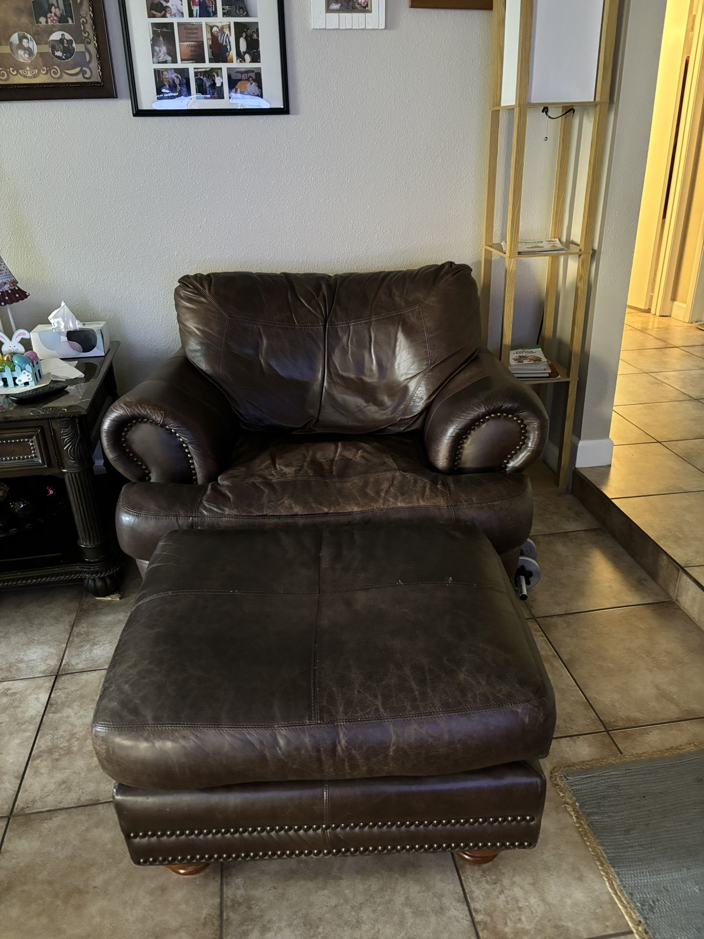 Oversize Brown Leather Chair With Ottoman