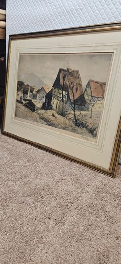 Framed Signed Vintage Village Landscape Print