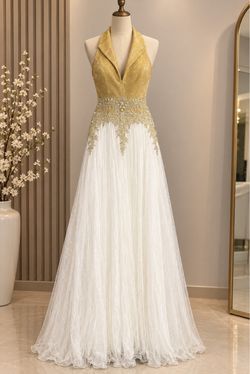 Gold and White Halter Neck Formal Gown