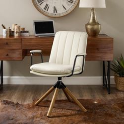 Desk Chair With Solid Oak Hardwood Legs - White Faux Leather 