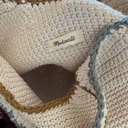 Madewell Knit Bag Tan With Blue And Brown Trim By J. Crew 100% Cotton 