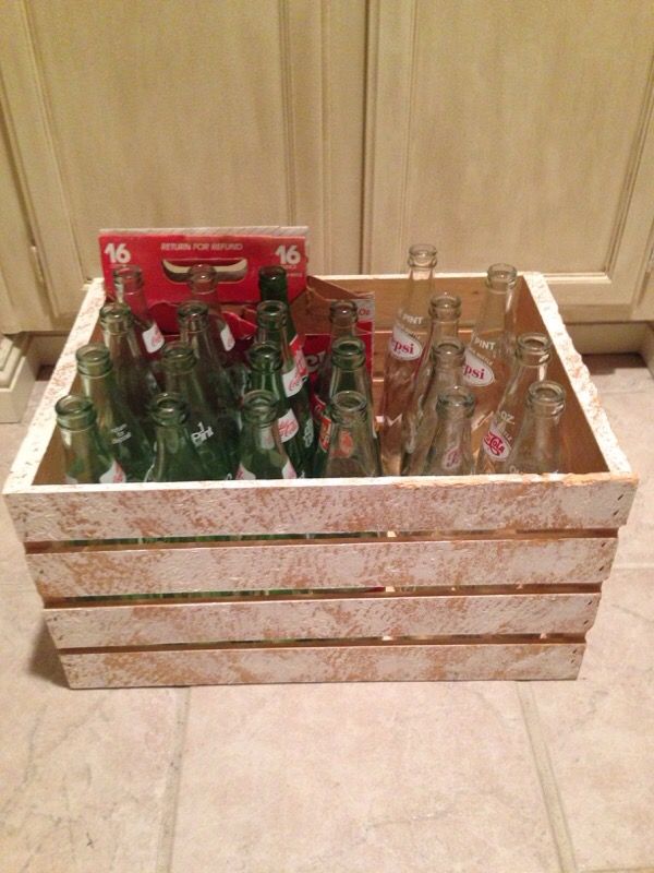 Vintage soda bottles, crate and case