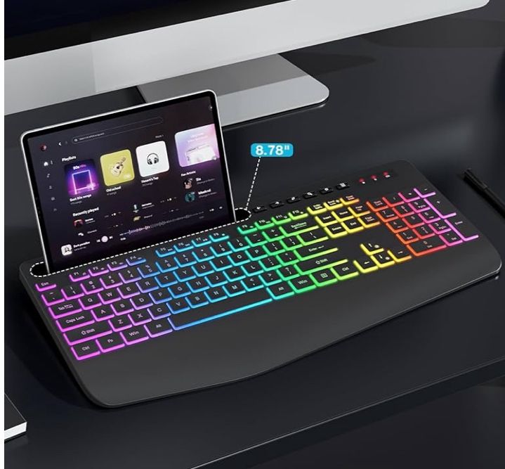 Wireless Keyboard with 8 Colored, 9 Effects Backlits, Wrist Rest, Phone Holder, Rechargeable Ergonomic Computer Keyboard with Silent Keys, 2.4G Lag-Fr