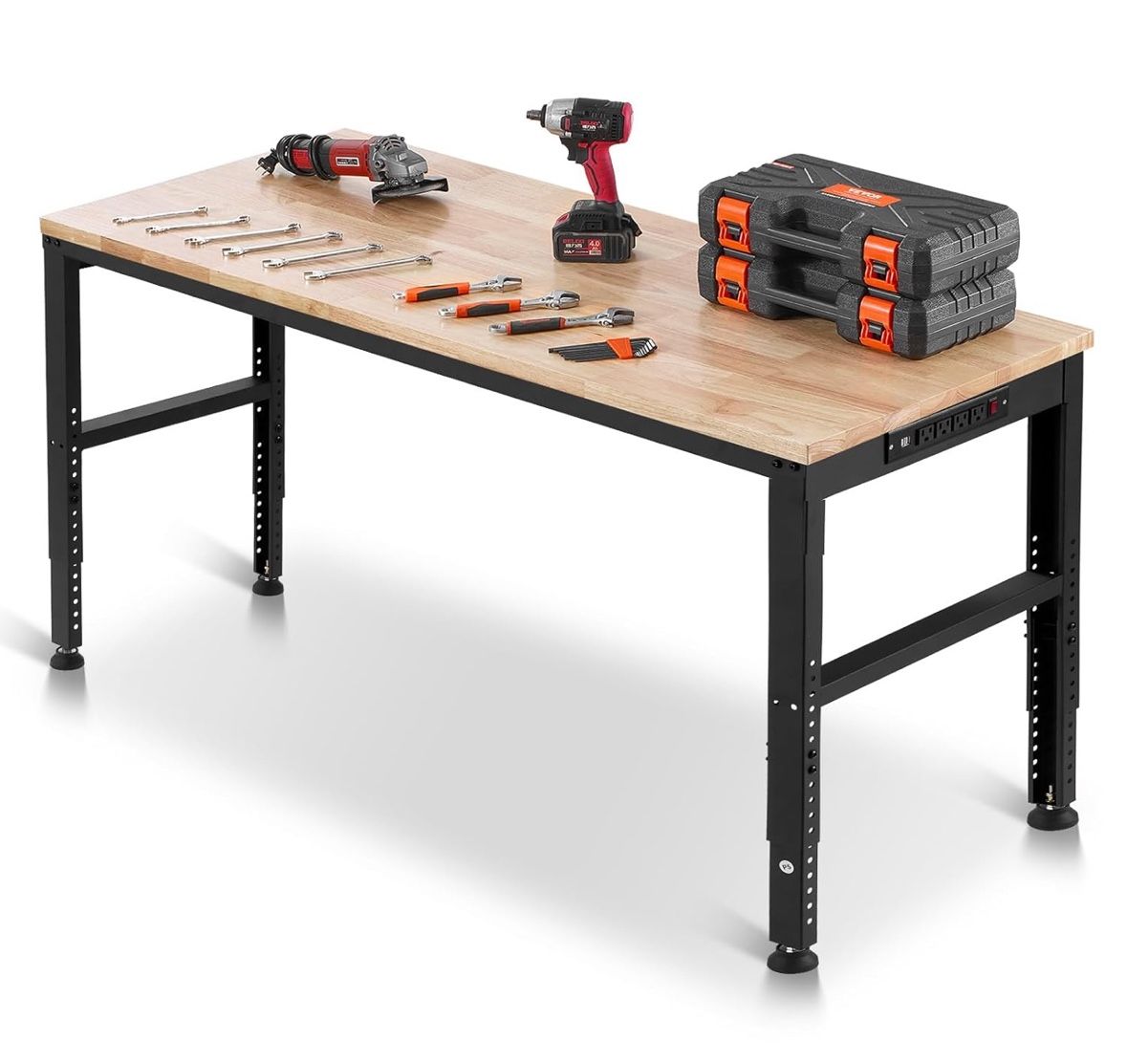 Adjustable Workbench, 2000 lbs Capacity, 61 x 20-inch Heavy Duty Work Bench with 27.1-36 Inches Height Adjustment, Garage Workbench with Power Outlets