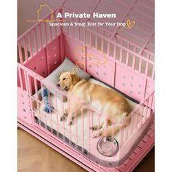 48" Foldable Heavy Duty Dog Crate Cage for Large Dogs,XL Dog Kennel Indoor,4 Lockable Wheels,Widened Floor Panel,Adjustable Internal Height, Pink