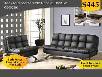 BLACK FAUX LEATHER SOFA FUTON & CHAIRS SET KY0906-BK