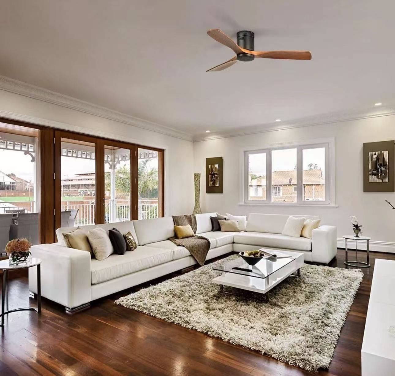 52″ Flush Mount Steel Wood Ceiling Fan Without Light