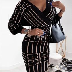 Women's Casual Corduroy Dress with Split & Embroidery - Khaki Long Sleeve V-Neck Bodycon Dress for Clubwear