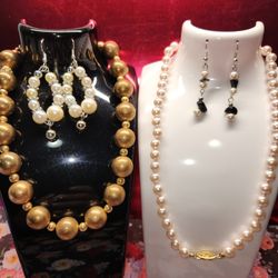 #1974, FAUX PEARLS LOT, 2 BEAUTIFUL NECKLACES WITH EARRINGS
