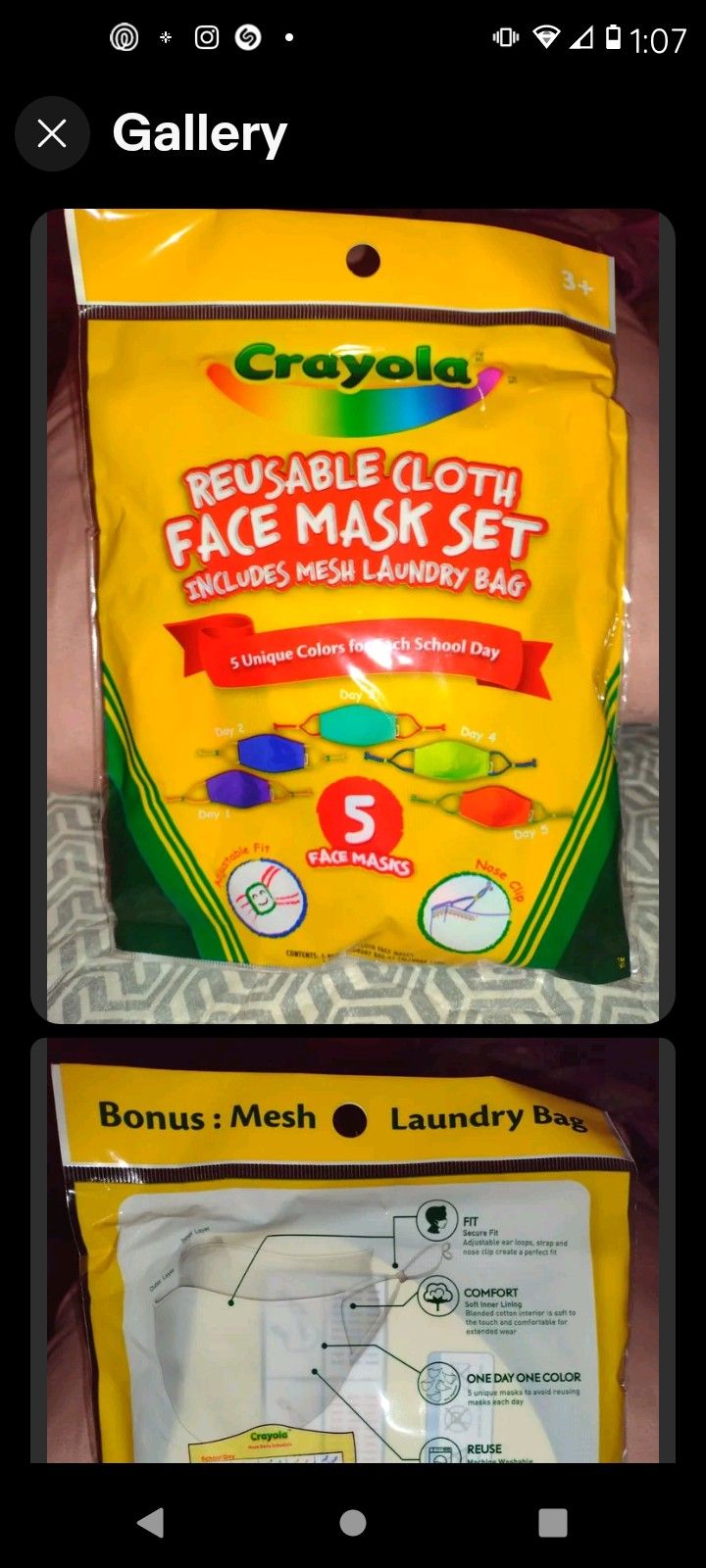 Crayola Reusable Face Mask Pack Of 5 (3 Total) $12 For The 3 Packs