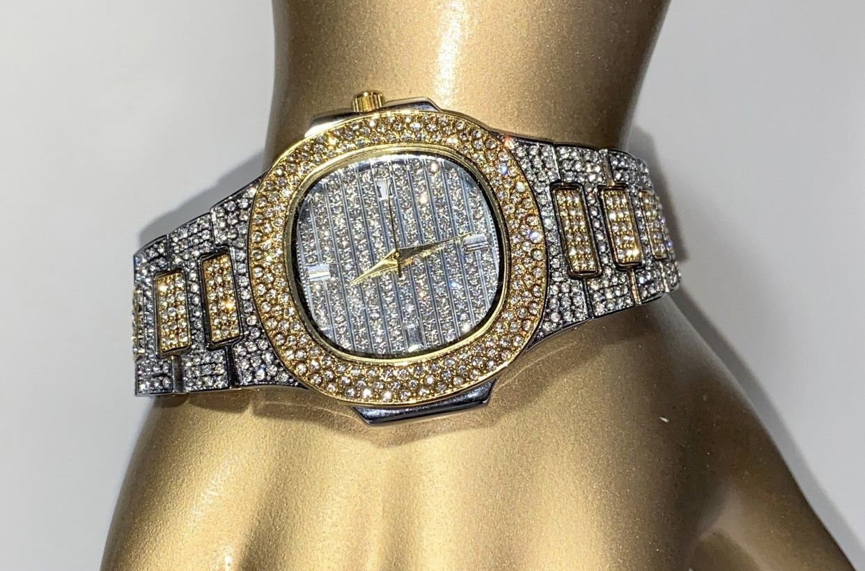 2 Tones Men’s Bling Bust Down Watches Link Bracelet Watch Ice Watch CZ Diamond Stone Setting Watch