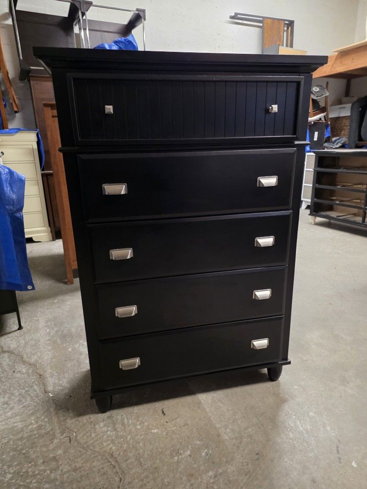 Modern Black 5 Drawer Tallboy Dresser With Lift Top Mirror