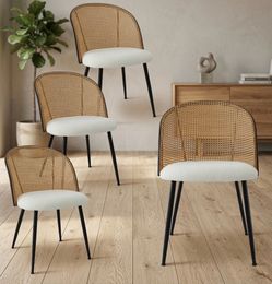 Rattan Fabric Dining Chairs Set of 4 – Beige – 19” Seat Height