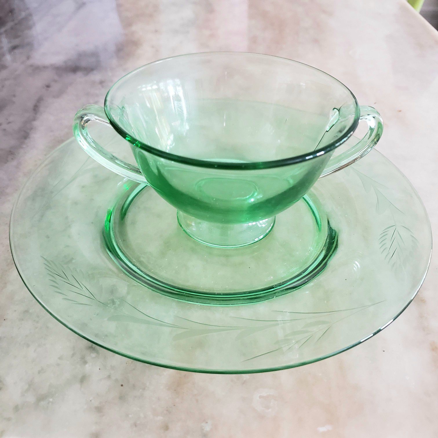 Vintage Green Glass Sugar Bowl and Plate